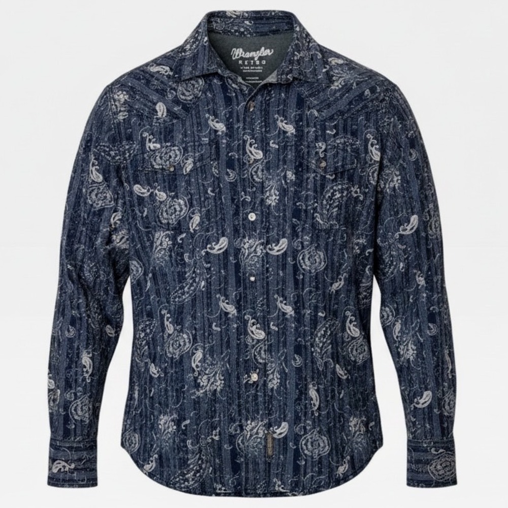 Wrangler Retro Premium Mens XL Blue Paisley Stripe Western Snap Shirt 112352854